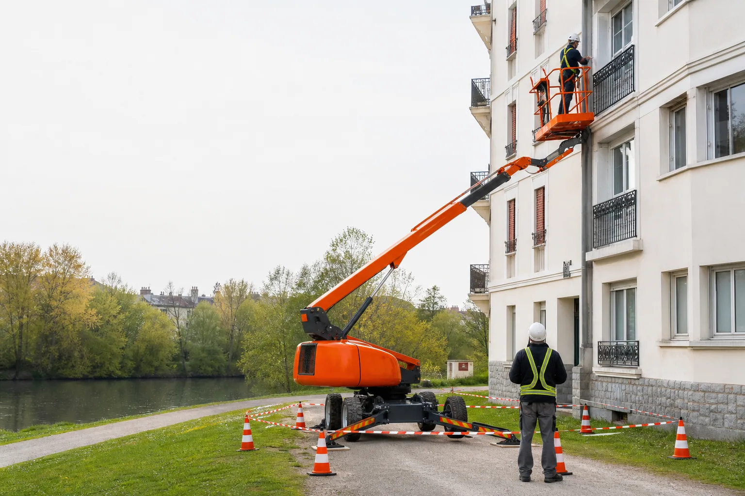 Une nacelle élévatrice orange intervient sur un bâtiment avec un technicien dans le panier et un opérateur au sol, dans le secteur de Vichy.